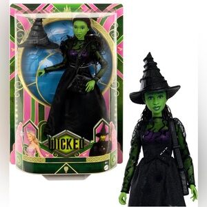 NIB Elphaba Wicked Barbie Doll Green Skin Braided Hair Ballroom Look Mattel